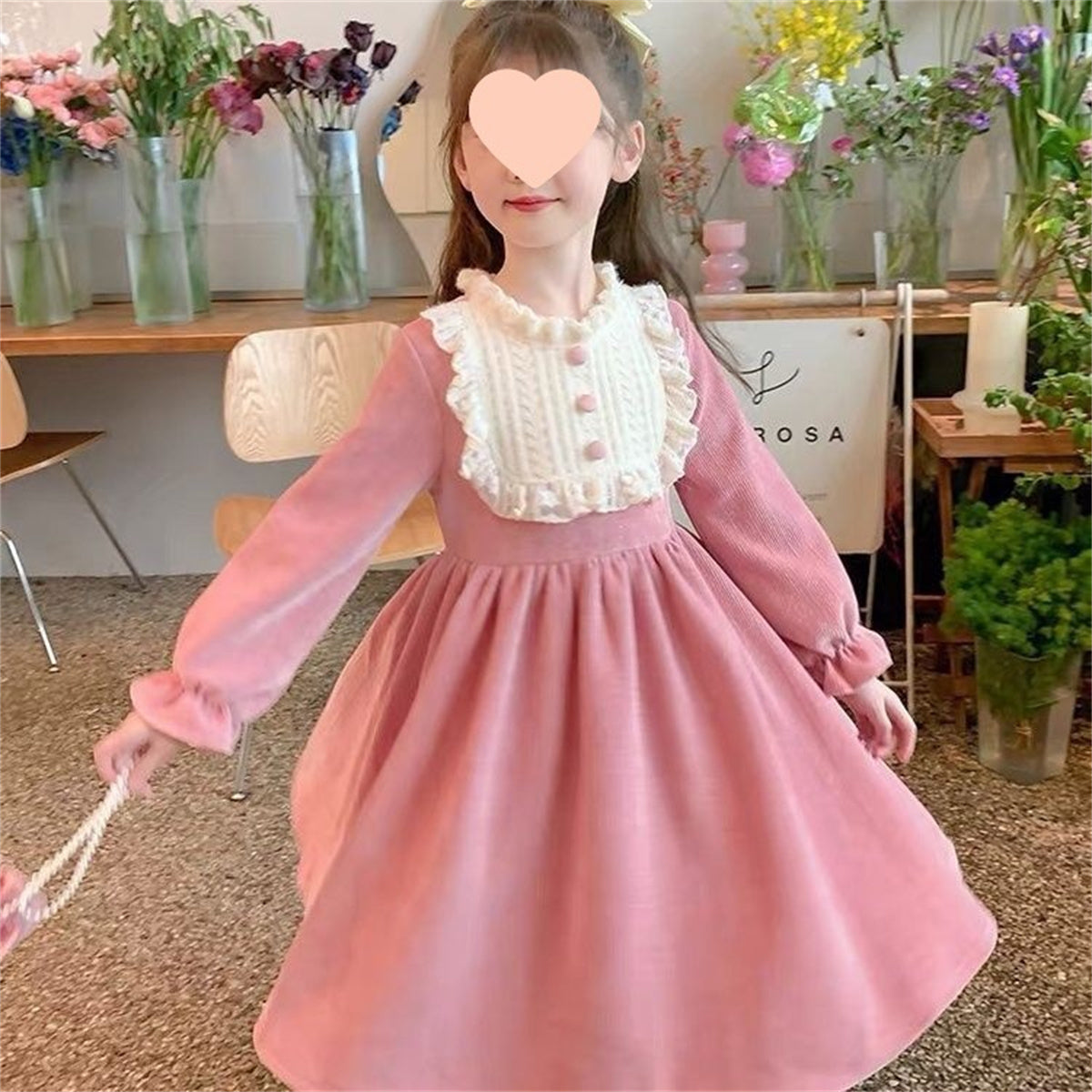 Children's lace collar fleece dress