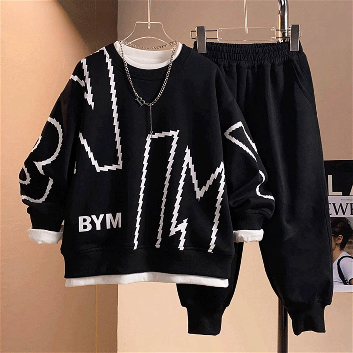 2-piece set for middle and large boys, simple letter style, cool and handsome sports sweatshirt suit