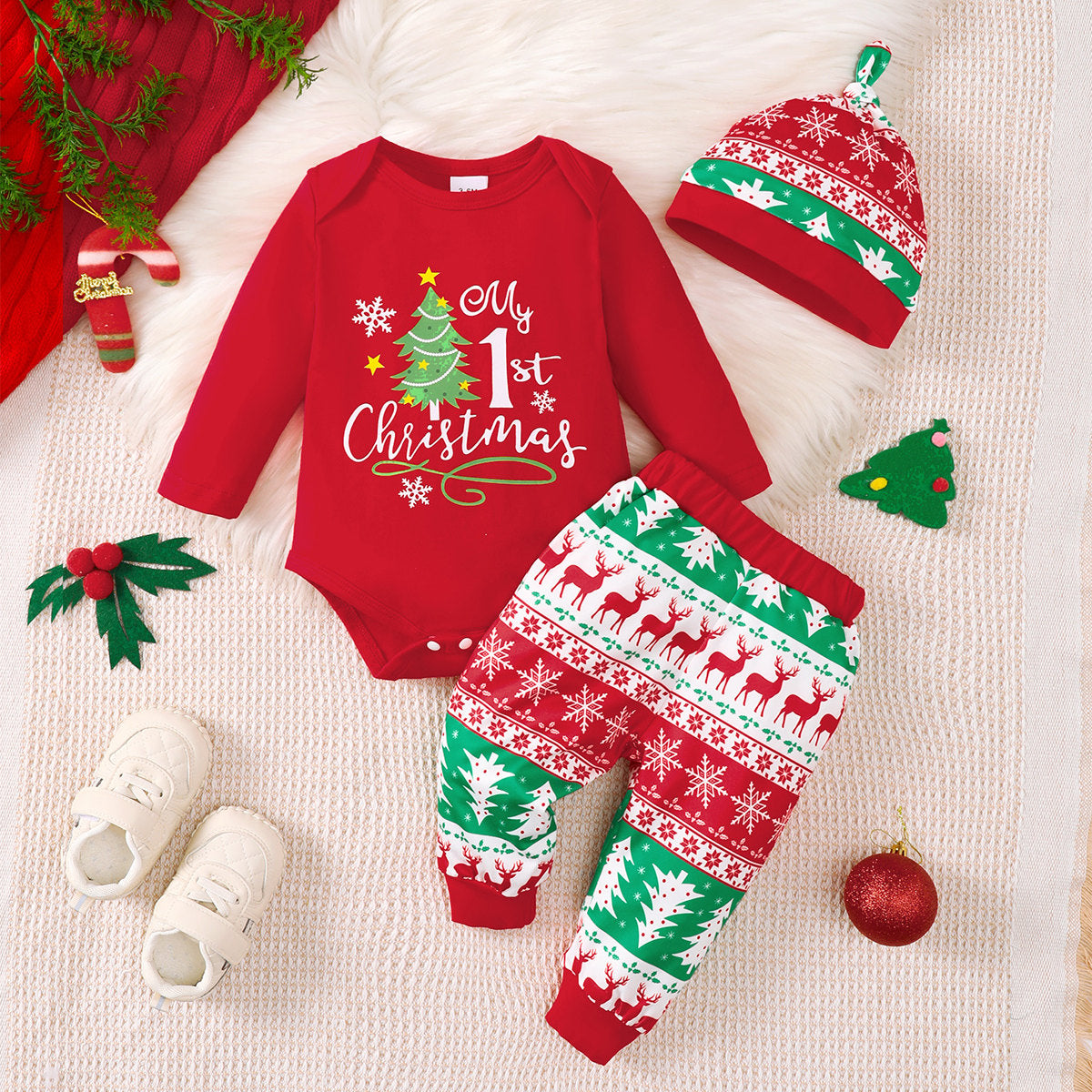 Christmas letter print romper set + hat