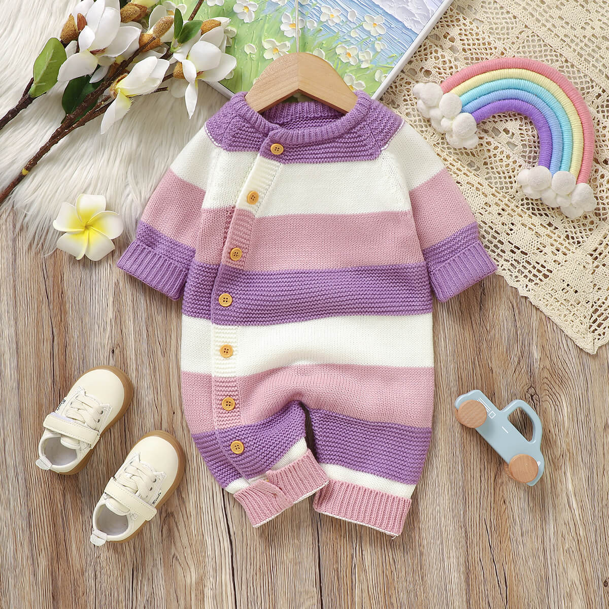 Baby patchwork one-piece knitted long-sleeved long-legged romper