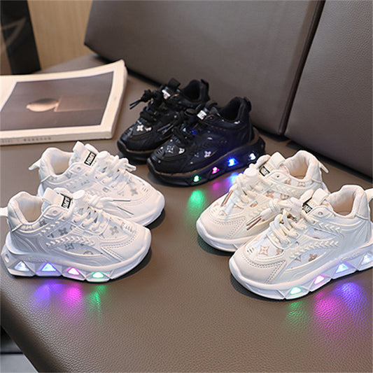 Children's and boys' temperament letter style LED light shoes soft bottom mesh breathable sports shoes