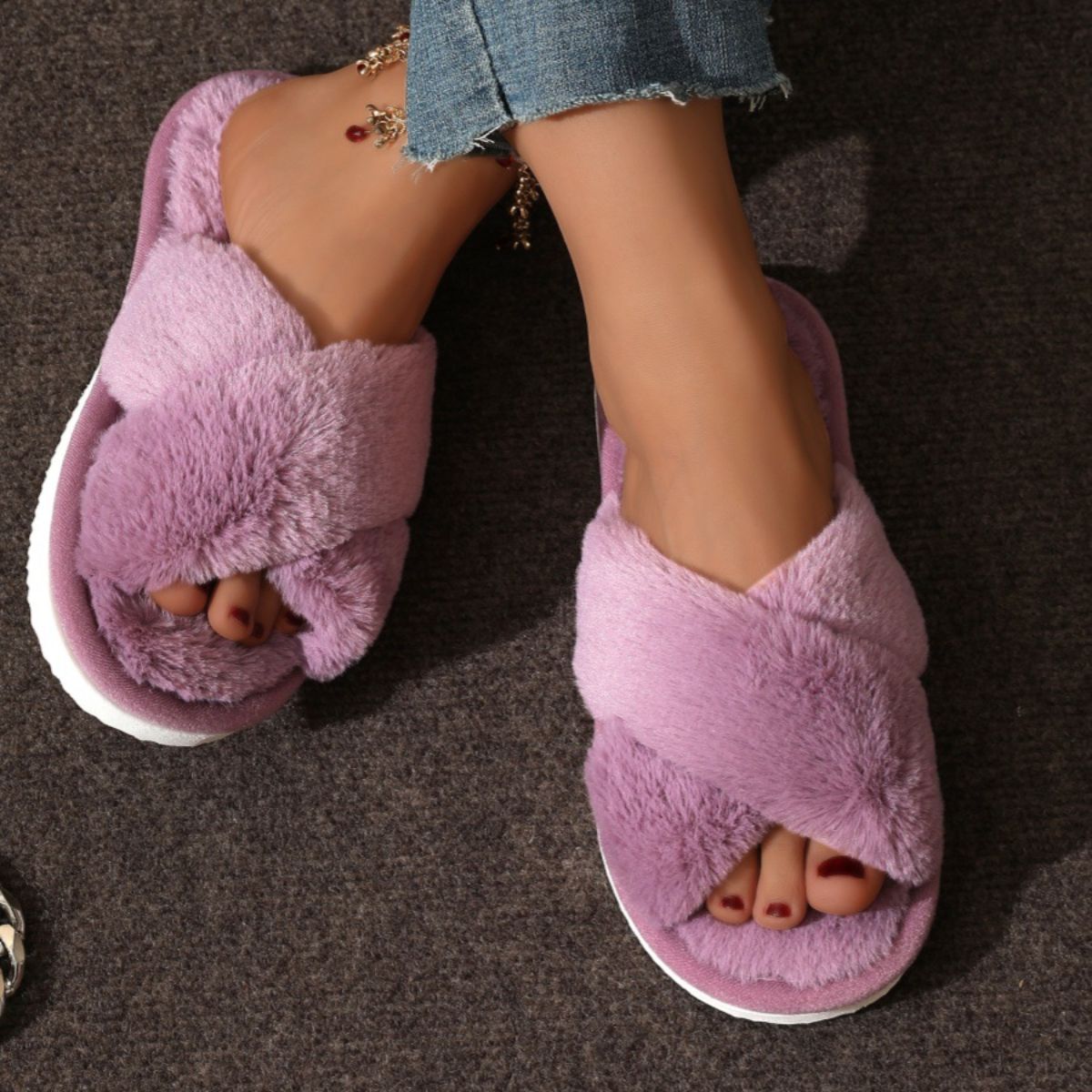 Women's furry cross strap cotton slippers