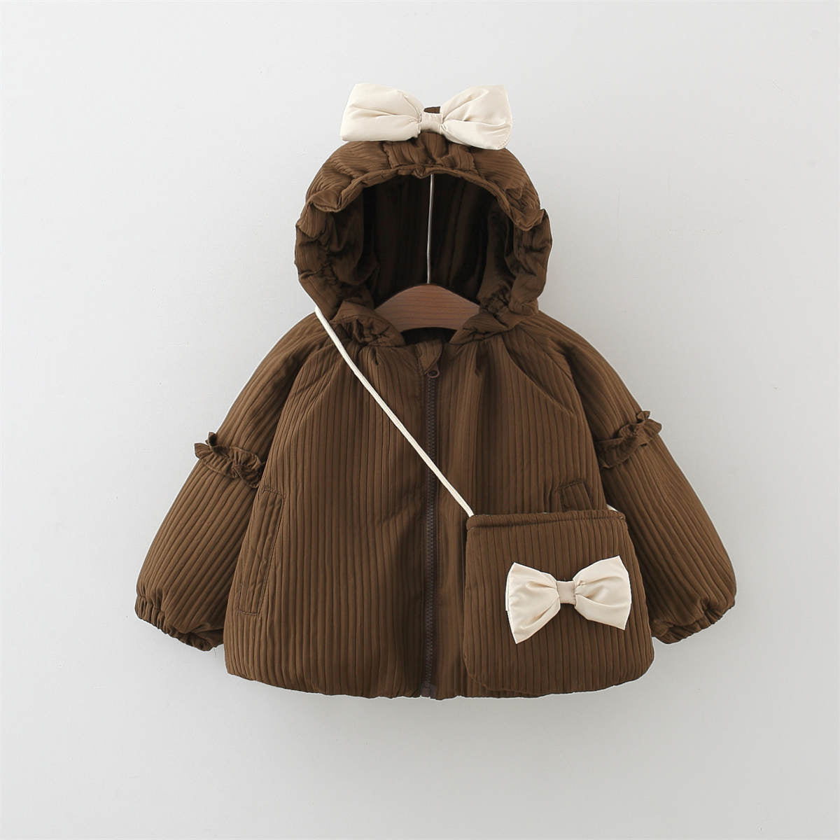 Girls winter solid color bow cotton coat