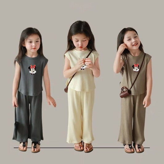 Girls summer new thin ice silk sleeveless vest top baby girl mosquito repellent trousers suit two-piece suit