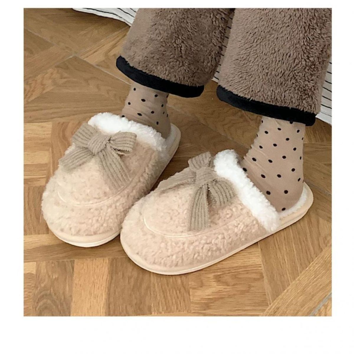 Bowknot warm non-slip plush cotton slippers