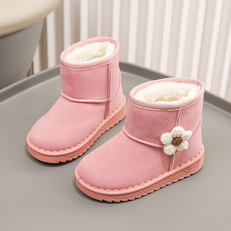 Winter solid color simple flower style warm casual snow boots high top cotton shoes for middle and large children girls