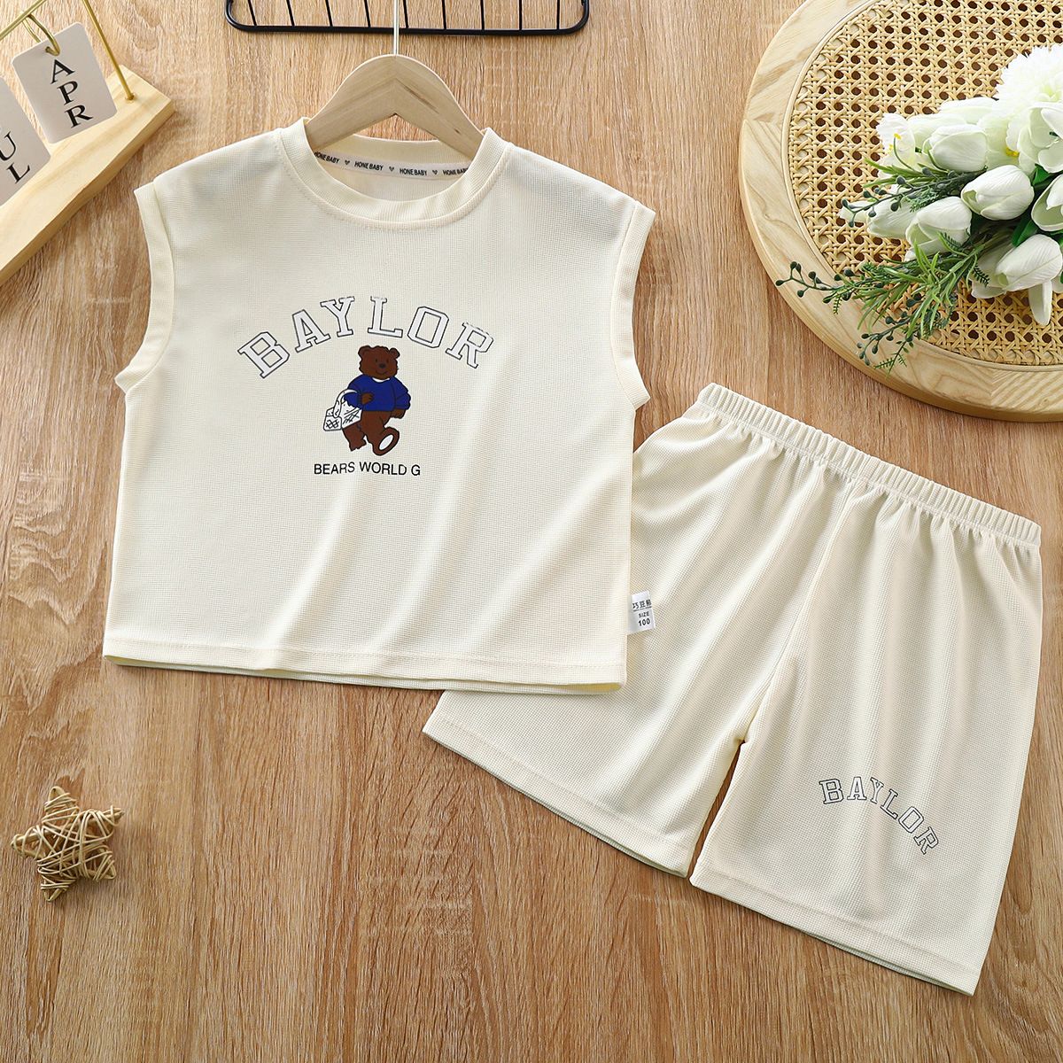 Children's vest suit new waffle top sleeveless shorts baby summer children's clothing