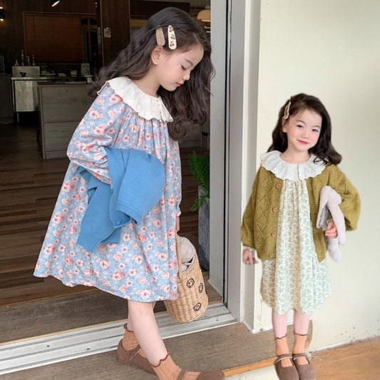 Girls floral dress autumn new style temperament lace collar dress princess dress for small and medium children