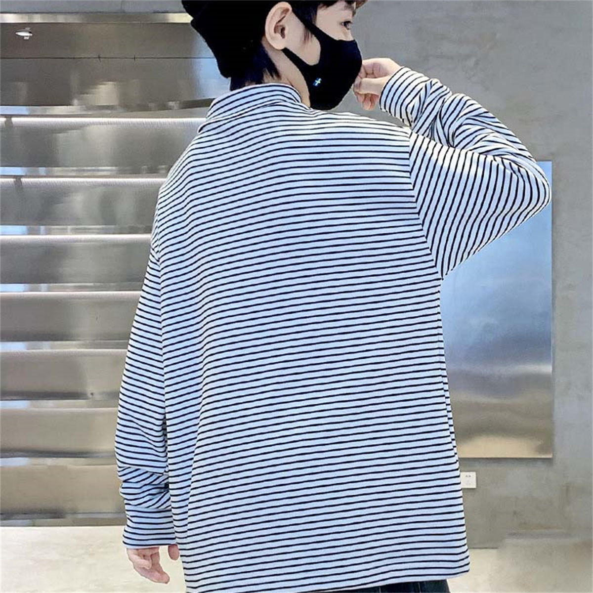 Winter plus velvet cute letter horizontal striped warm bottoming shirt for middle and large boys