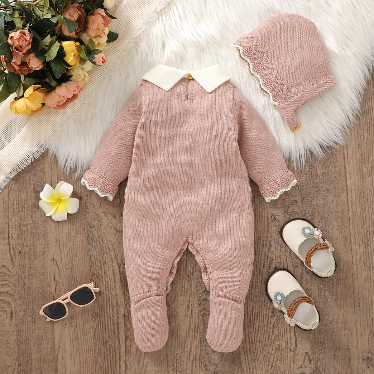 Baby solid color knitted one-piece long-sleeved romper with long legs + hat