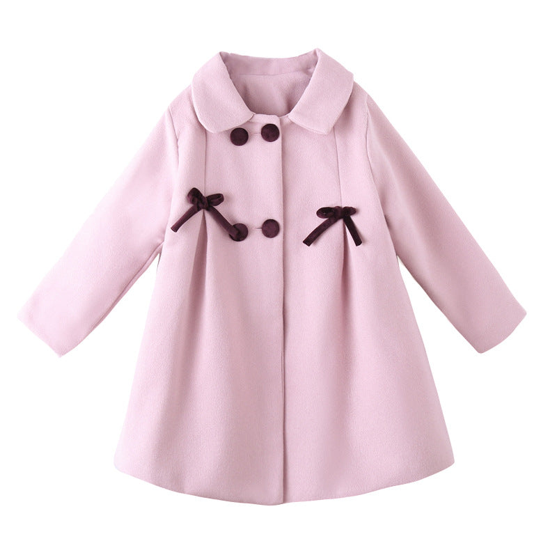 Girls solid color cute medium-length princess woolen coat