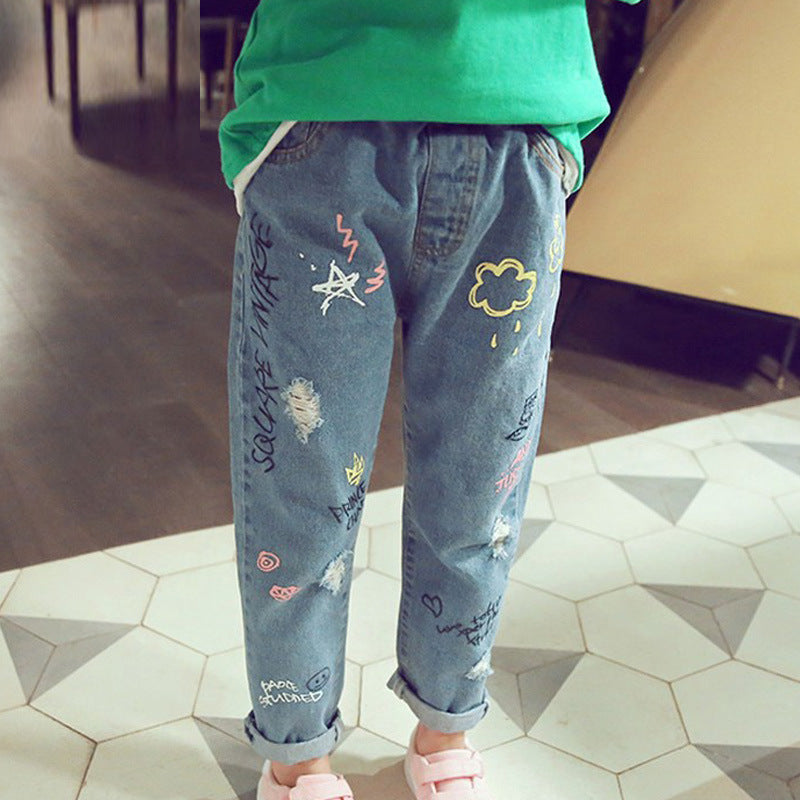 Girls denim skinny pants with print summer casual trousers