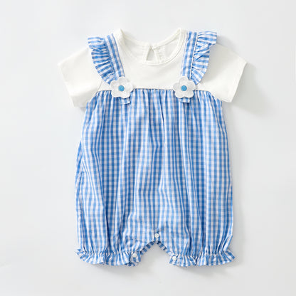 Plaid fake two-piece romper