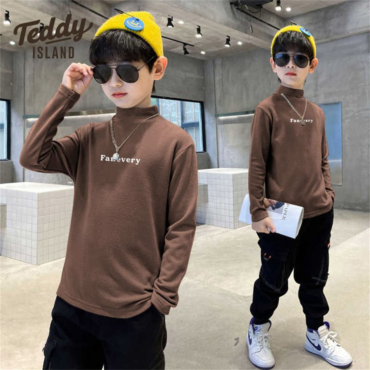 Winter simple letter style plus velvet warm half-high collar bottoming shirt for middle and large boys