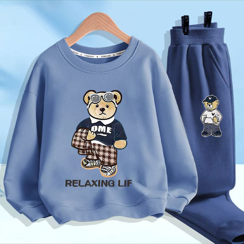 Blue cartoon bear fashion all-match long-sleeved trousers suit