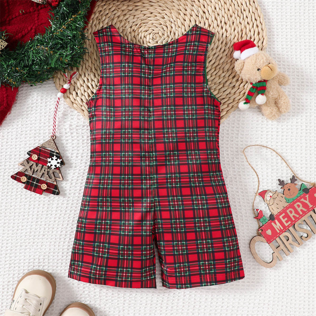 Christmas Baby Plaid Bodysuit Cartoon Christmas Tree Embroidery Jumpsuit