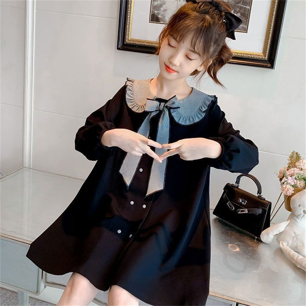 Girls dress with lapel and long sleeves elegant solid color