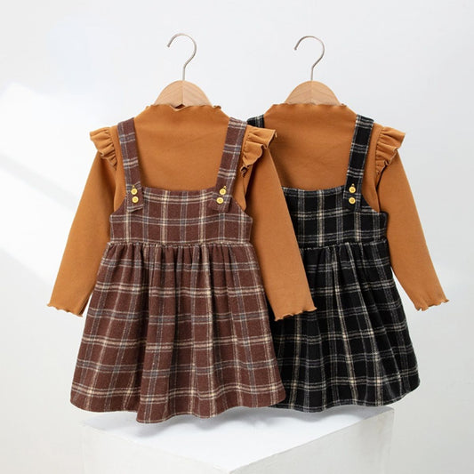 Girls black brown woven plaid vest skirt autumn and winter small and medium children's overalls skirt two-piece set