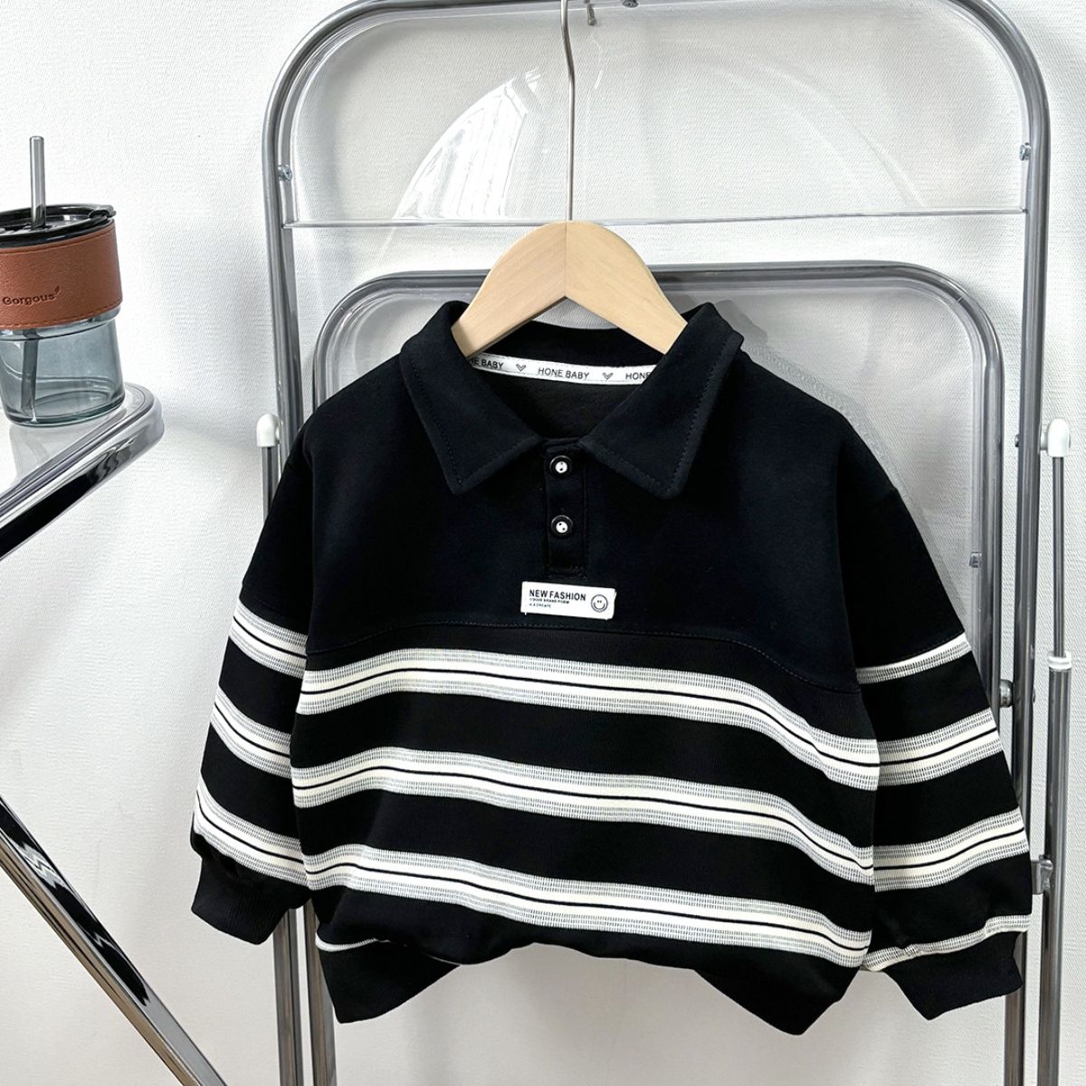 Autumn children's cotton long-sleeved POLO shirt with black and white stripes for boys and middle-aged children