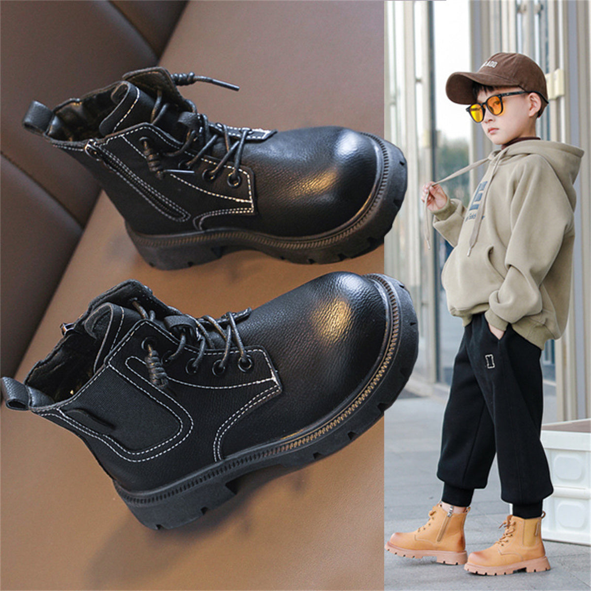 Middle and large boys autumn and winter solid color British style soft sole waterproof non-slip Martin boots