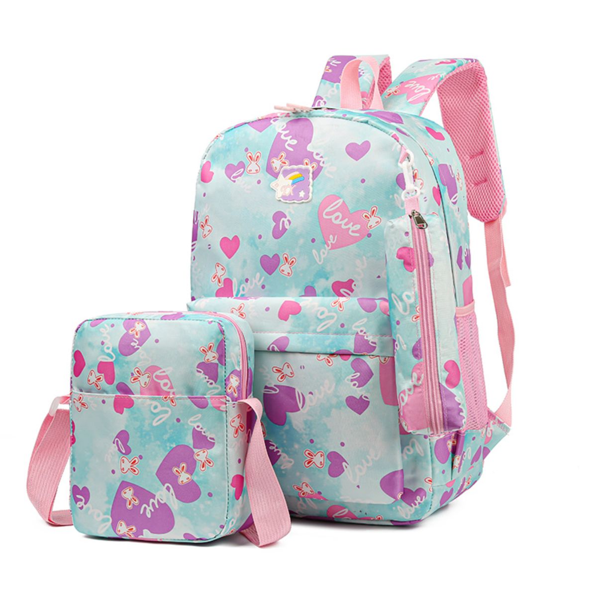 Three-piece backpack, sweet and cute leisure travel backpack, large capacity schoolbag for primary and secondary school students