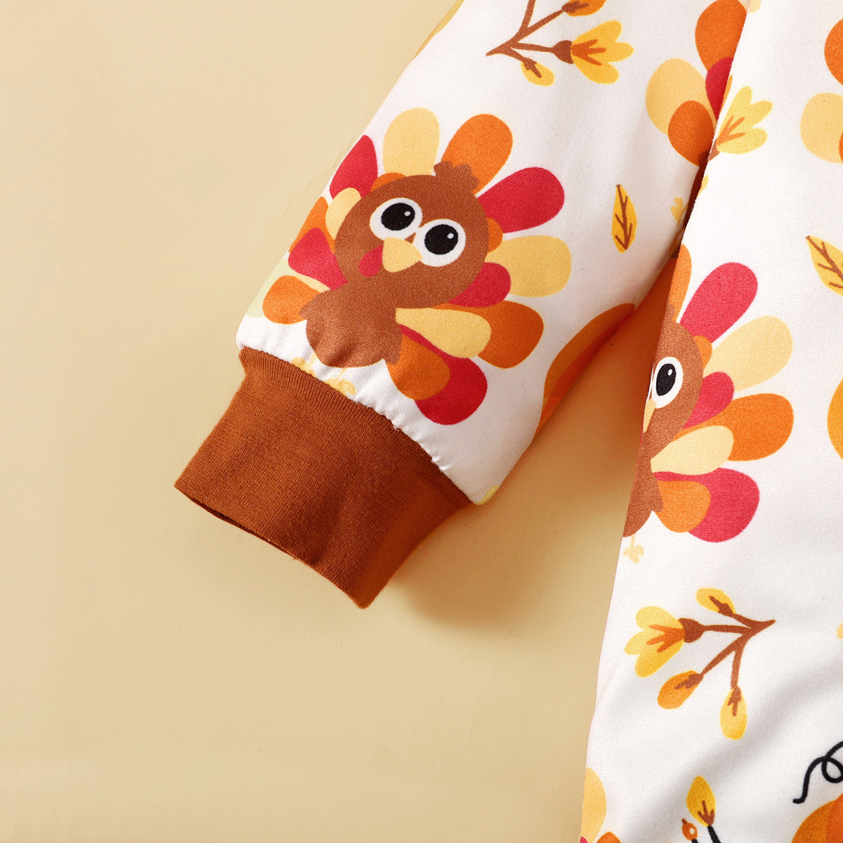 Romper with hat for autumn, Halloween and Thanksgiving design, featuring turkey and pumpkin prints