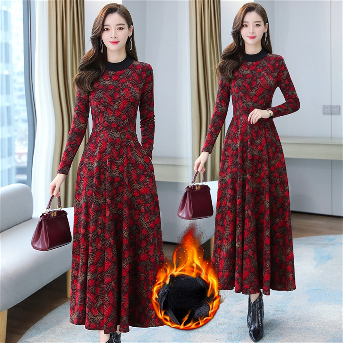 Warm mother's velvet dress knee-length dress