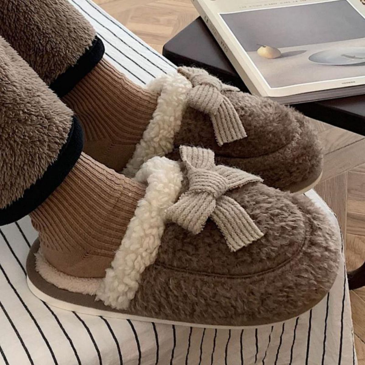 Bowknot warm non-slip plush cotton slippers