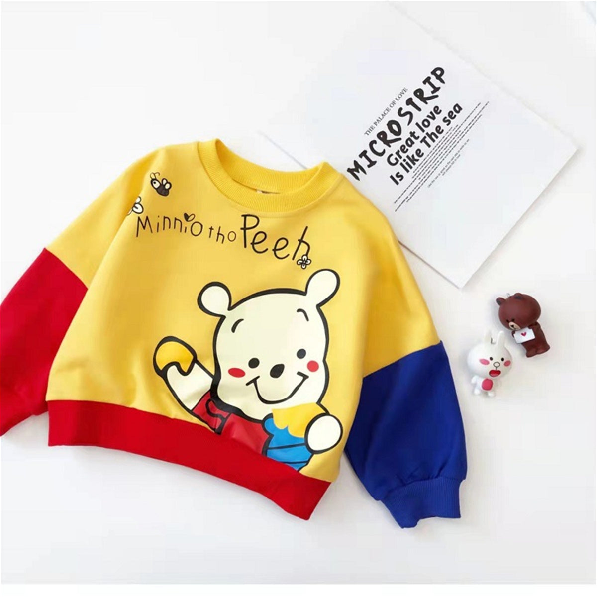 Boys and girls baby stylish cartoon bear contrast color long sleeve sweatshirt