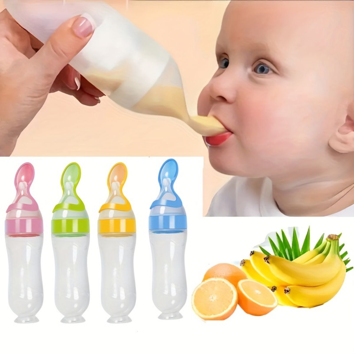 Silicone baby food squeezing rice cereal spoon with suction cup