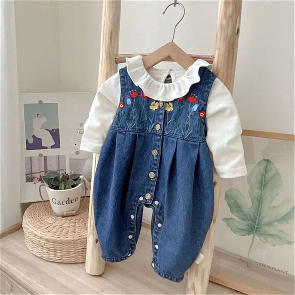 Baby girl denim overalls long sleeve one piece suit