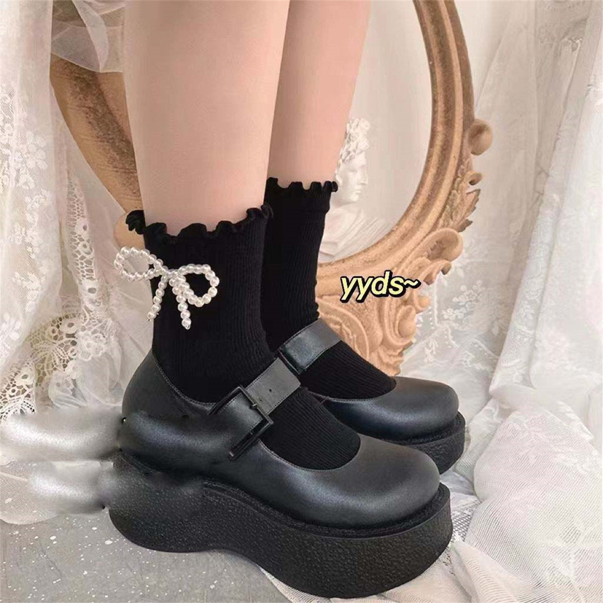 Children's Girls Pearl Temperament Pure Cotton Spring and Autumn Black and White Bowknot Middle Socks