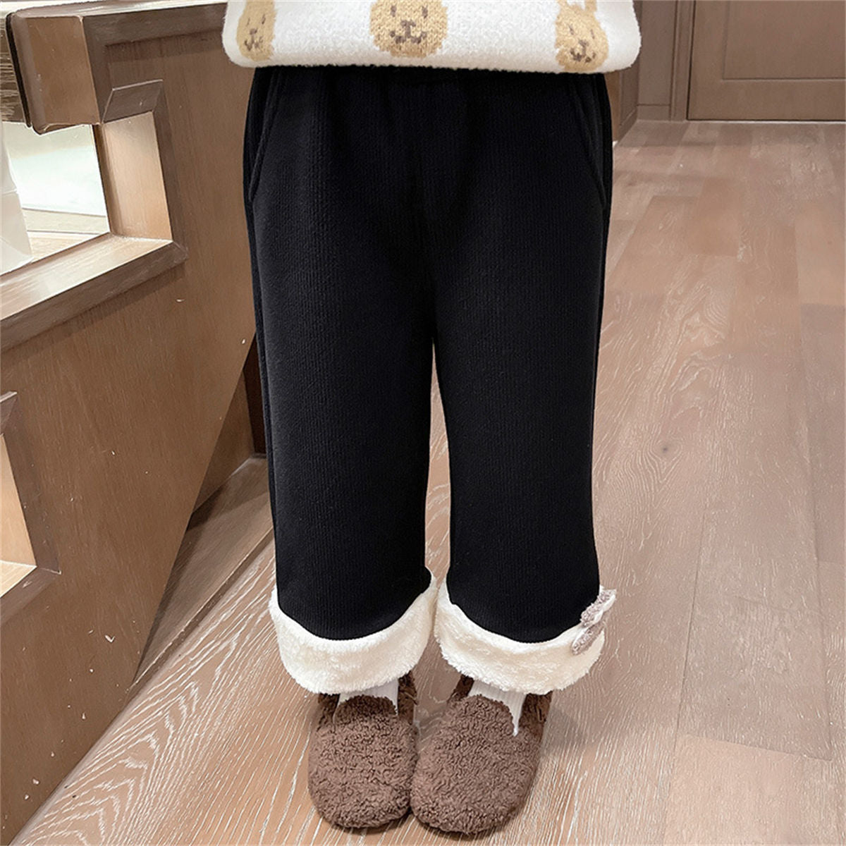 Winter cute solid color plush edge plush warm knitted trousers for middle and large children and girls