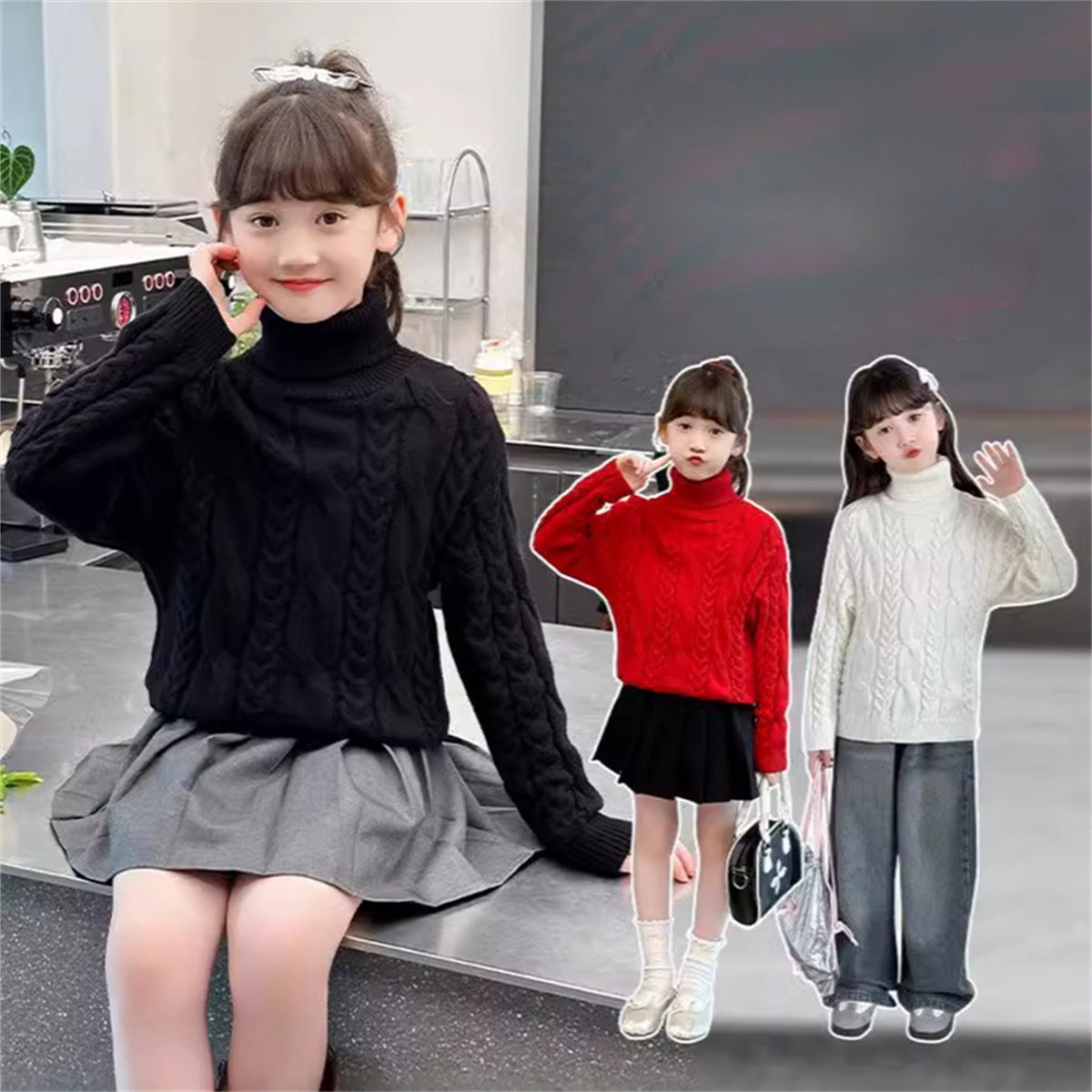 Children's Fashion Pullover Turtleneck Tops for Middle and Large Children Linen Bottom Knitted Sweaters