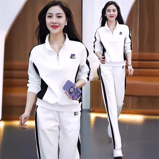 Women's casual sports suit, slim and elegant sweatshirt, wide-leg pants, two-piece suit