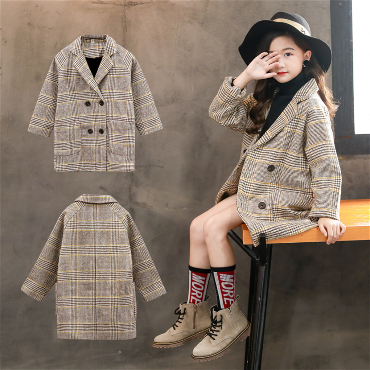 Girls' mid-length plaid woolen coat