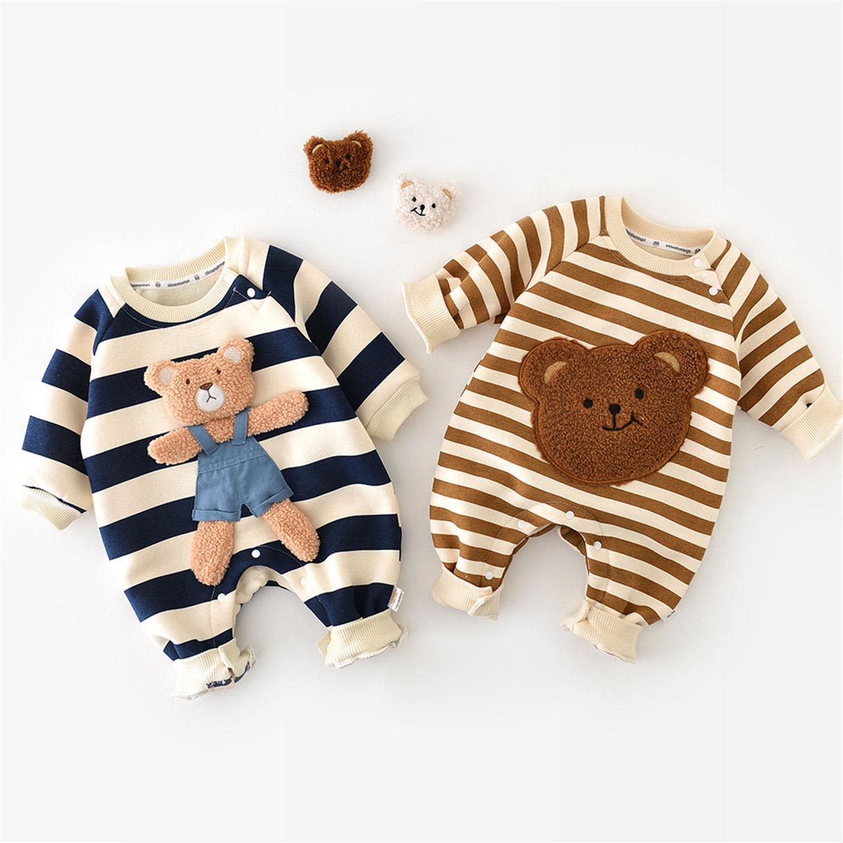 Infant striped fleece thickened bear doll romper