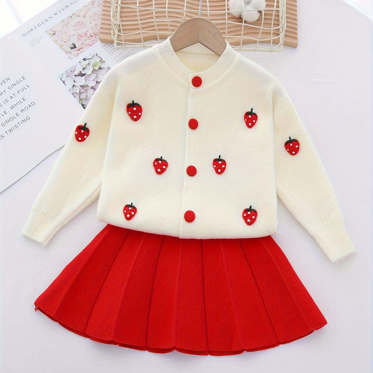 New arrival sweet girls flower knitted cardigan wool skirt two-piece set girls strawberry sweater suit skirt