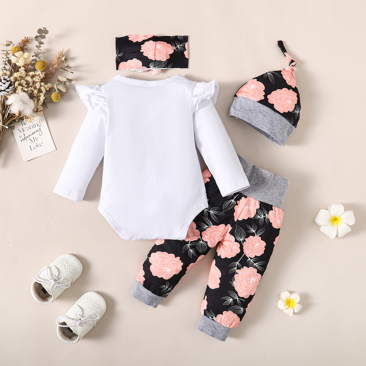 Baby Girl Letter Printed Romper & Floral Pants & Headband With Hat 4 Pcs