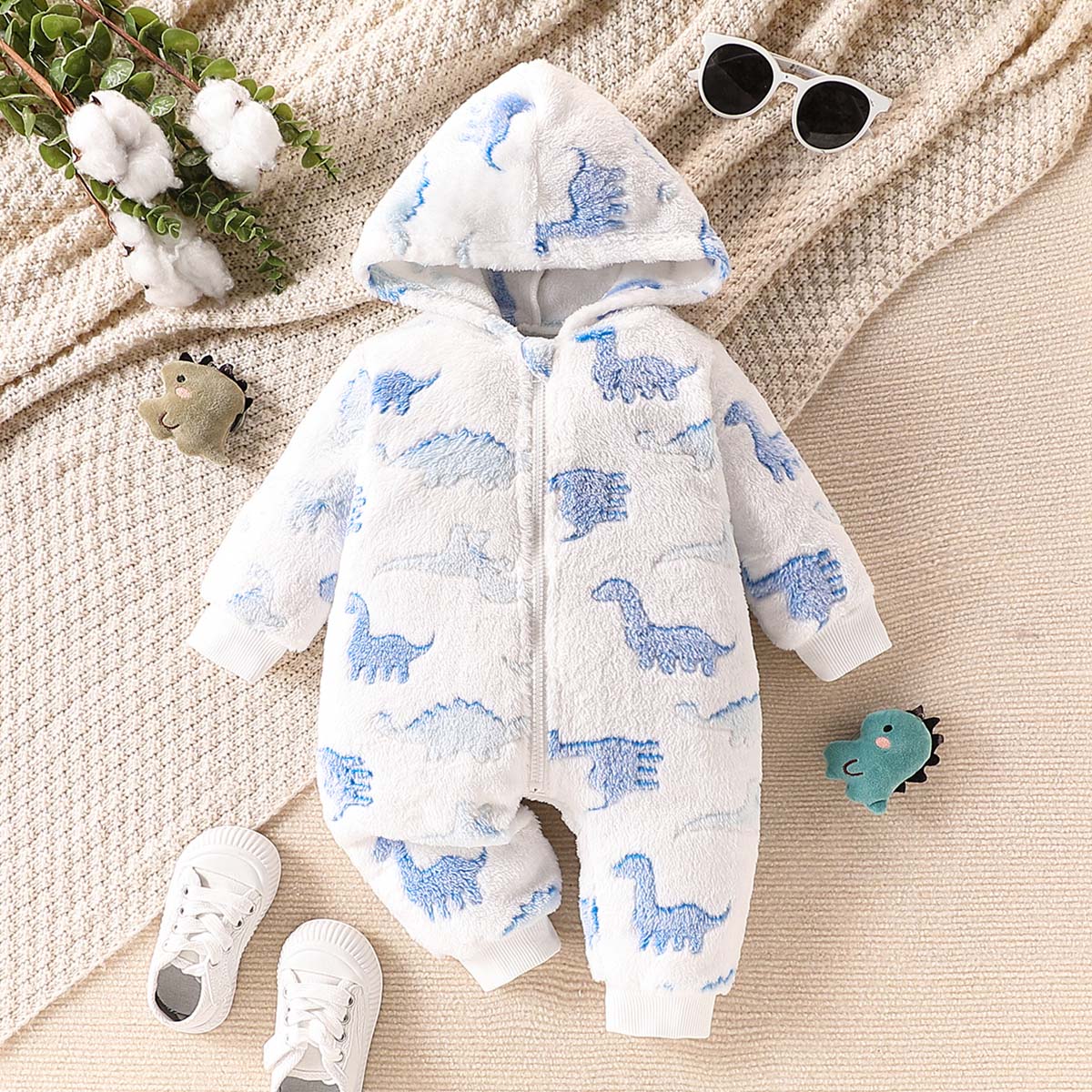 Baby boy baby dinosaur full-body printing double-sided velvet thickened wool fabric hooded long-sleeved center open zipper onesie