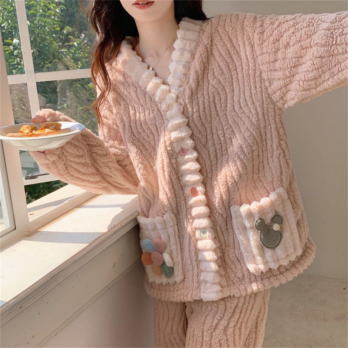 Women's cardigan flannel warm home wear suit