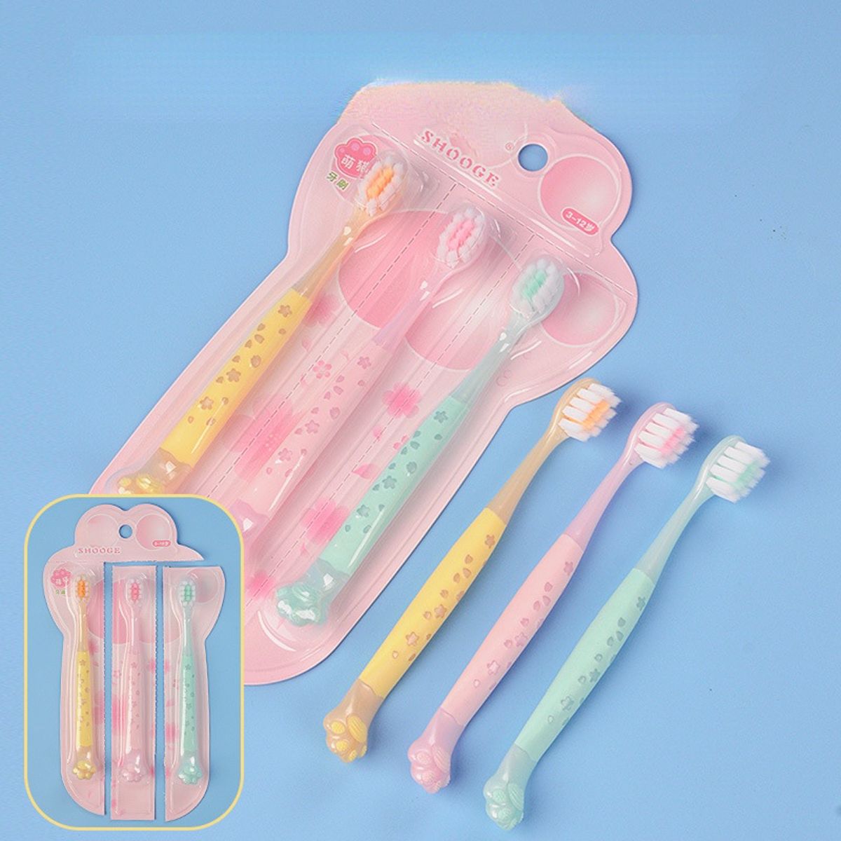 Cartoon cat claw children&#39;s soft bristle toothbrush 3 pack