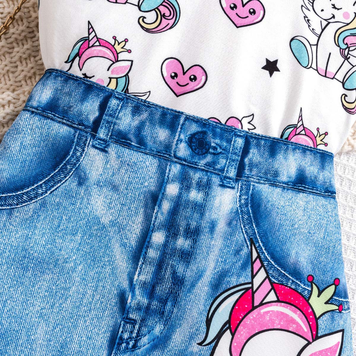 Girls cute knitted unicorn flying sleeves T-shirt and unicorn pattern denim print skirt set Spring and Summer