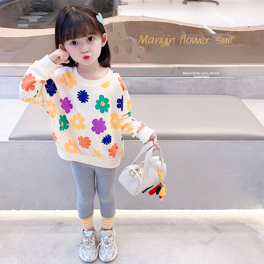 Children's spring and autumn new baby girl fashion cartoon full print flower sweater two-piece set small fresh suit