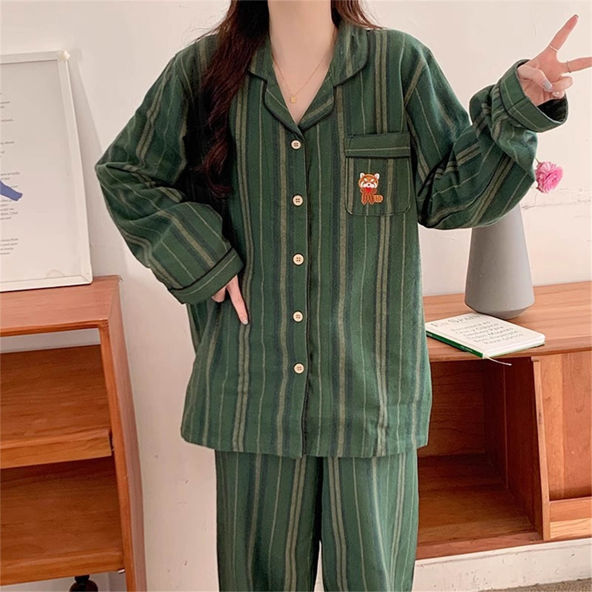 Bear striped long-sleeved large size suit thin section female cartoon homewear