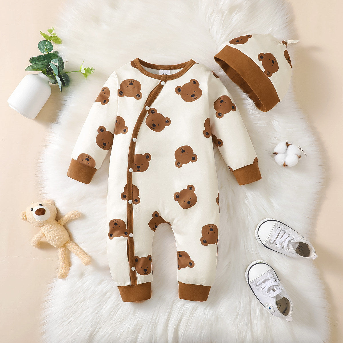 2-piece Baby Boy Allover Bear Printed Long-sleeved Long-leg Romper & Matching Infant Hat