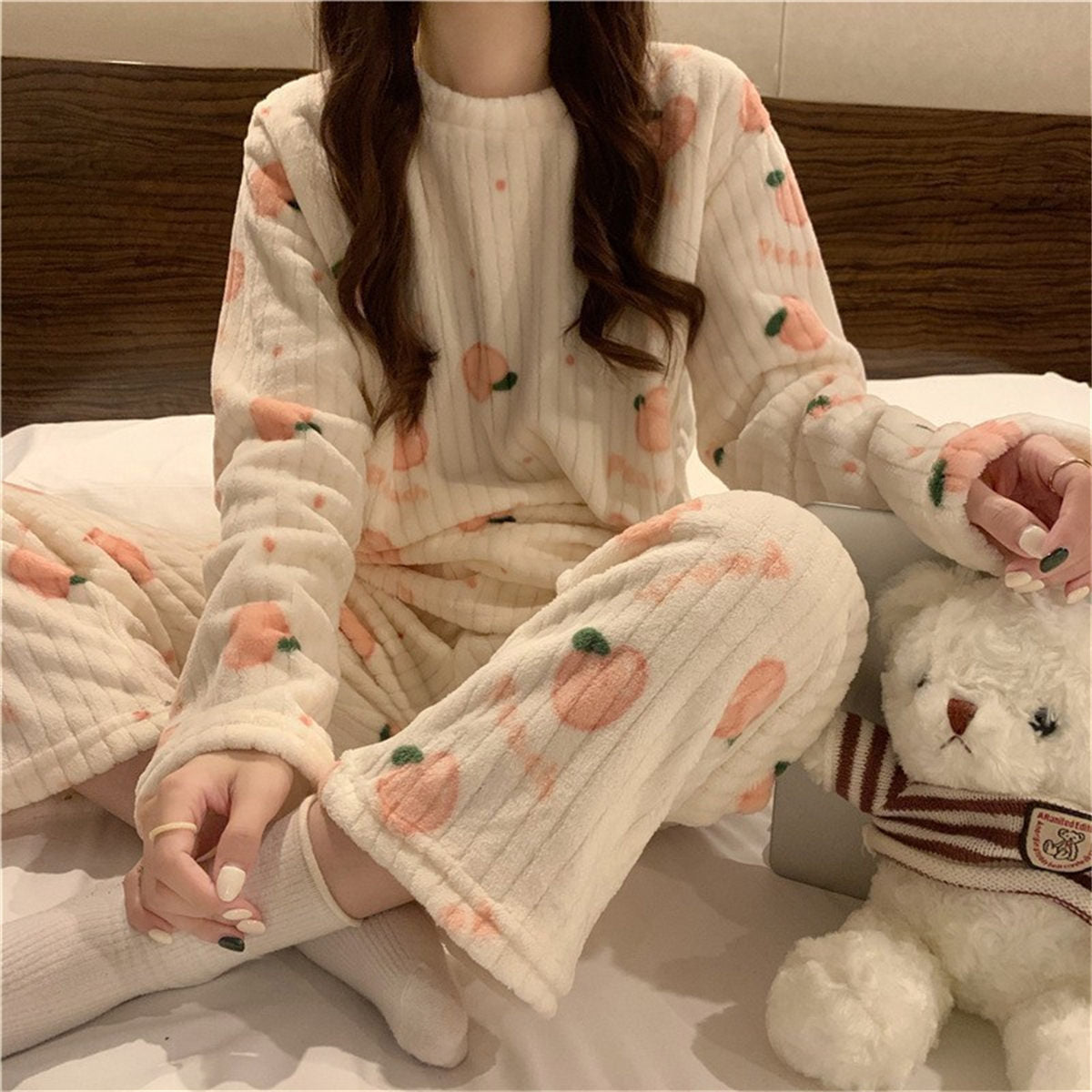 Bear bow print coral fleece suit home clothes