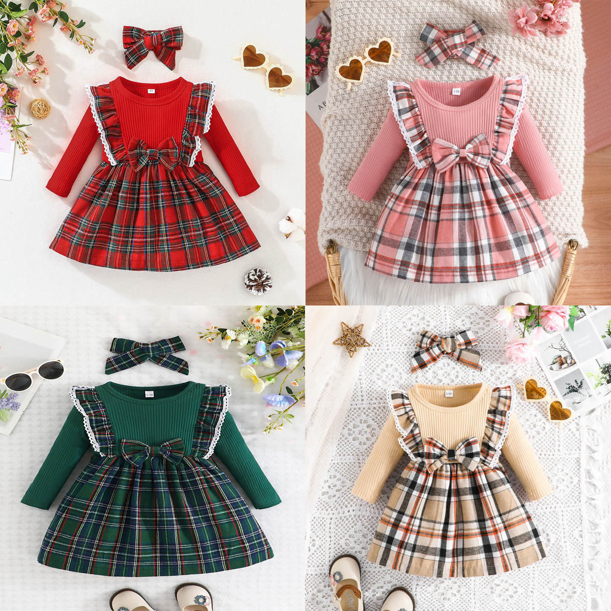 Baby Girl Christmas Long Sleeve Plaid Bowknot Dress