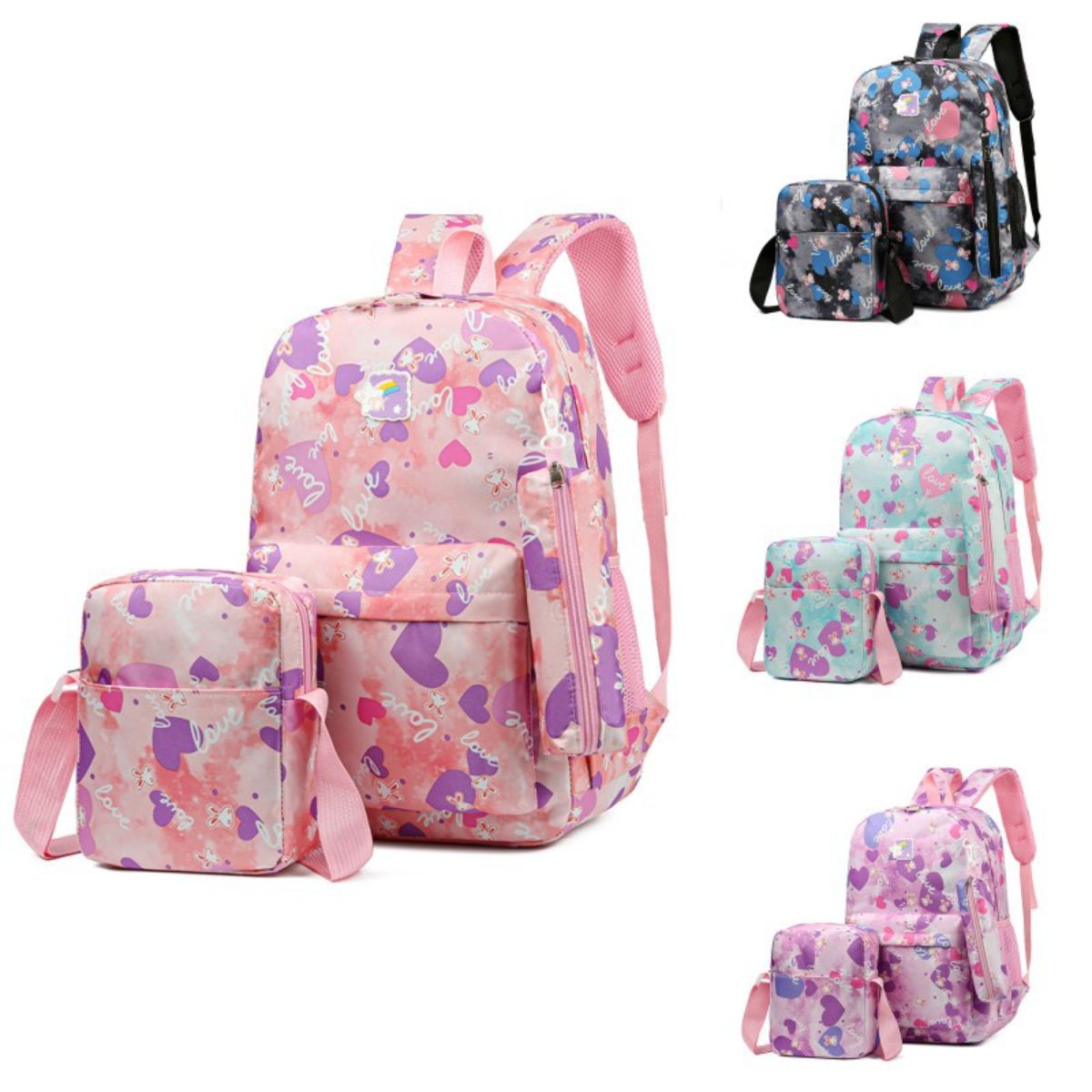 Three-piece backpack, sweet and cute leisure travel backpack, large capacity schoolbag for primary and secondary school students