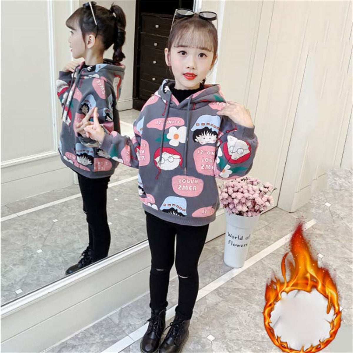 Winter plus velvet cartoon pattern cute style hooded pullover sweatshirt for middle and large children girls